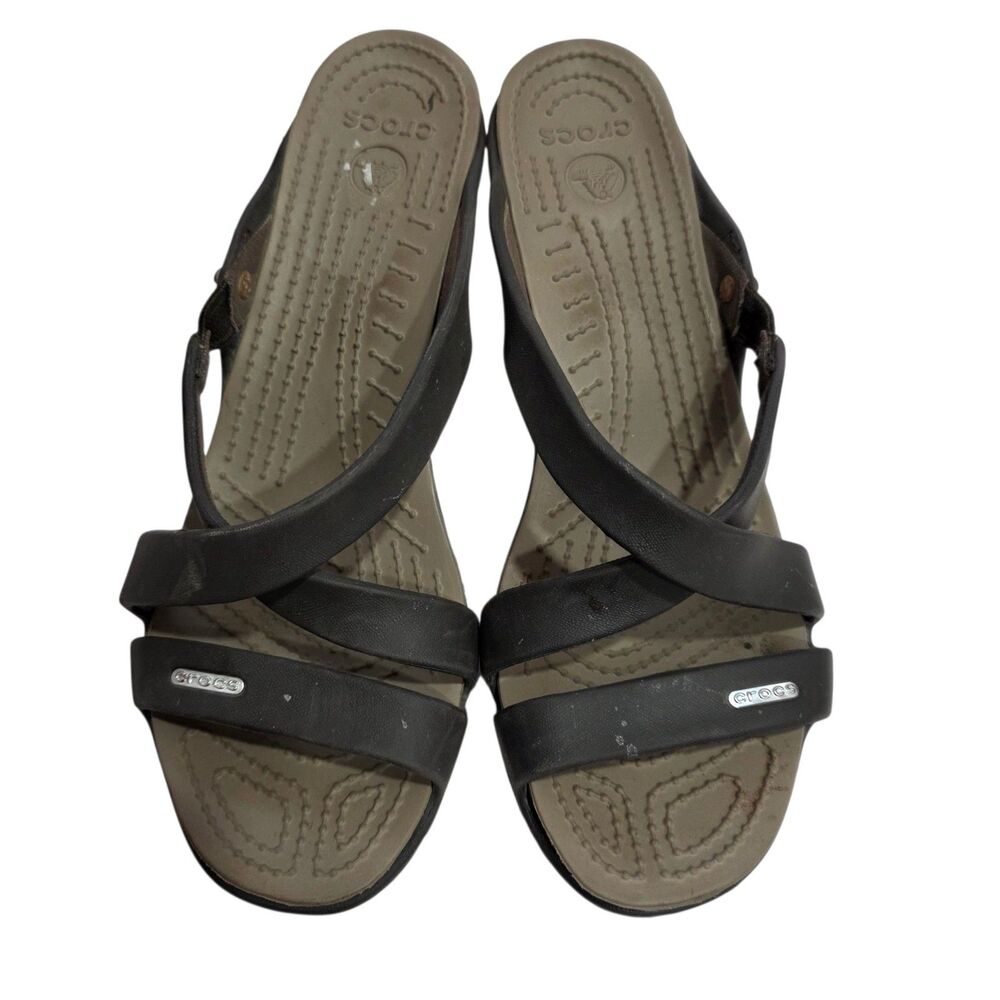 Crocs Brown Strappy Wedge Sandals Womens 9 Comfort Ankle Strap Heels